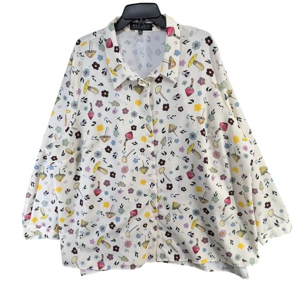 Eloquii Blouse Size 26 White Multicolor Mushroom Flower Button Up Whimsical Top - Picture 1 of 11
